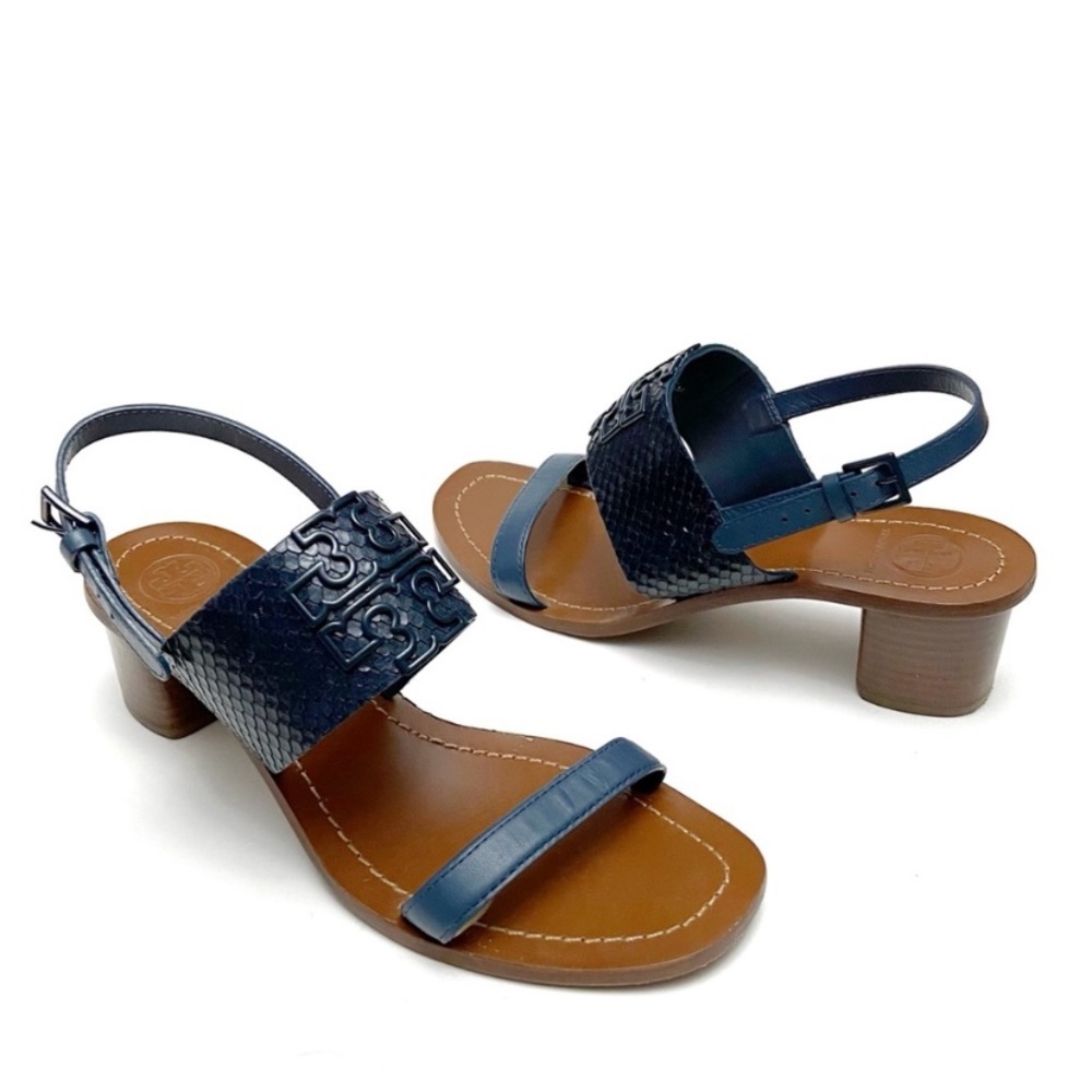 Tory Burch Melinda Navy Blue Snake Print Leather Block Heel Logo Sandals